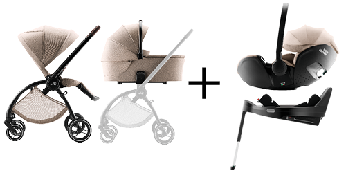 RIO barnevogn, RIO bærebag, BABY-SAFE PRO bilbarnesete i Teak og VARIO BASE 5Z, del av RIO COMFORT PLUS SET